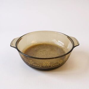 Glassbake Amber Glass Casserole Dish‎ - Yellow Floral vintage